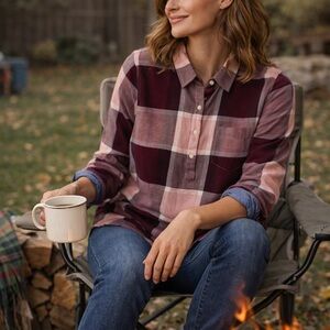 Tommy Hilfiger Plaid Popover Shirt Women’s L Burgundy Pink Long Sleeve